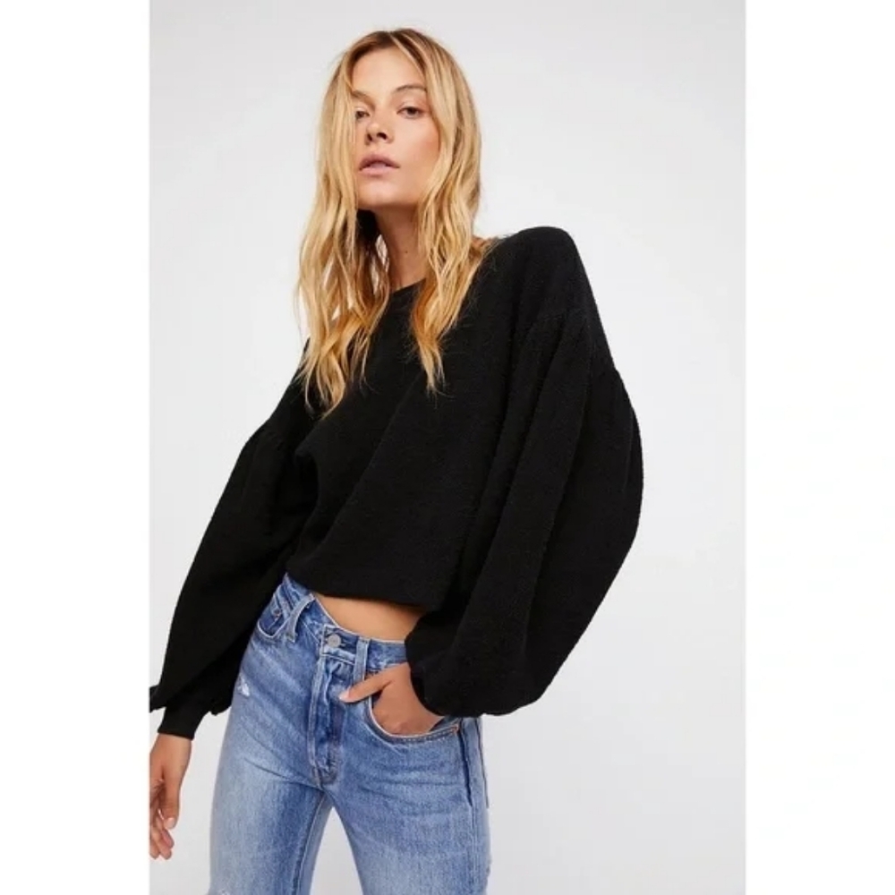 Free People Sleeves Like These Black Balloon Sleeve Terry Sweatshirt Top Size XS